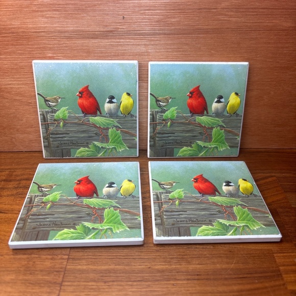 Cardinal Goldfinch Chickadee 4 Ceramic Coasters Country Scene by James Hautman - Picture 1 of 6